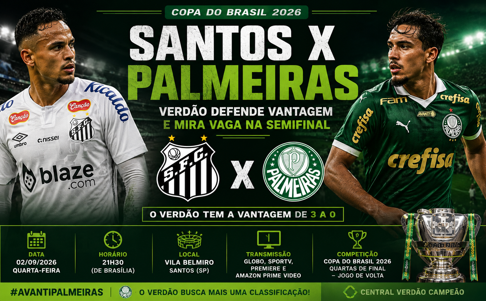 Santos x Palmeiras: Verdão defende vantagem e mira vaga na semifinal da Copa do Brasil
